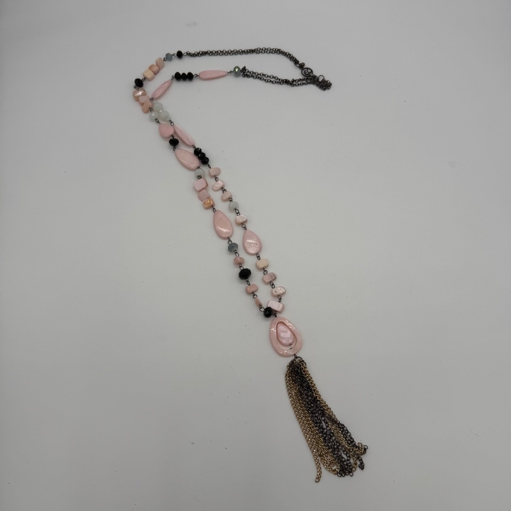EL Designs Vintage Pink Shell Beaded Tassel Necklace & Stretch Bracelet Set